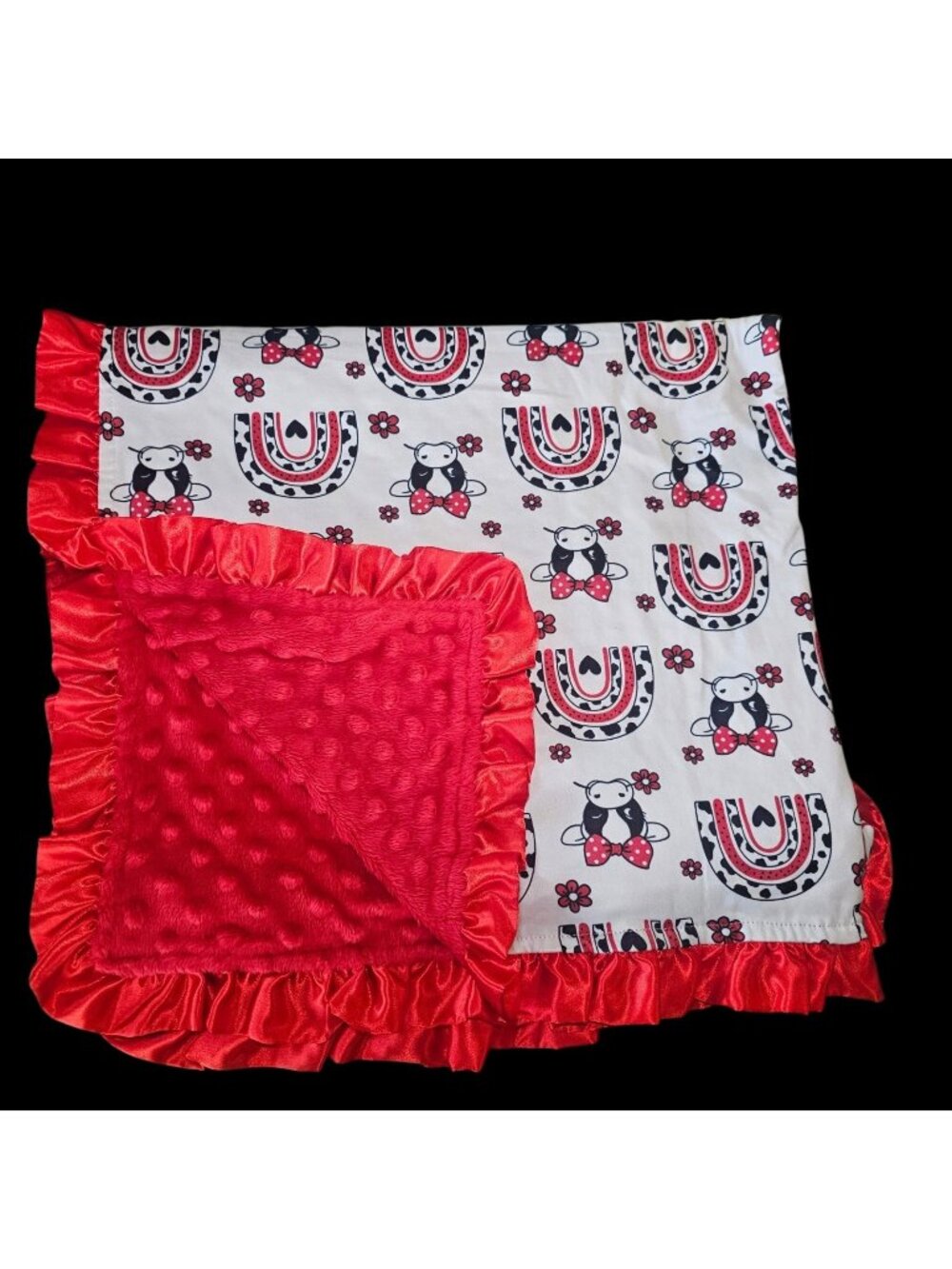 Baby Girl Blanket Cow Rainbow Minky Bows Red White Ruffle Satin Trim